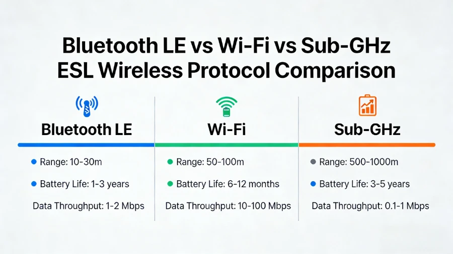 Elektronický štítok na poličke Bluetooth vs Wi{0}}Fi vs Sub-GHz