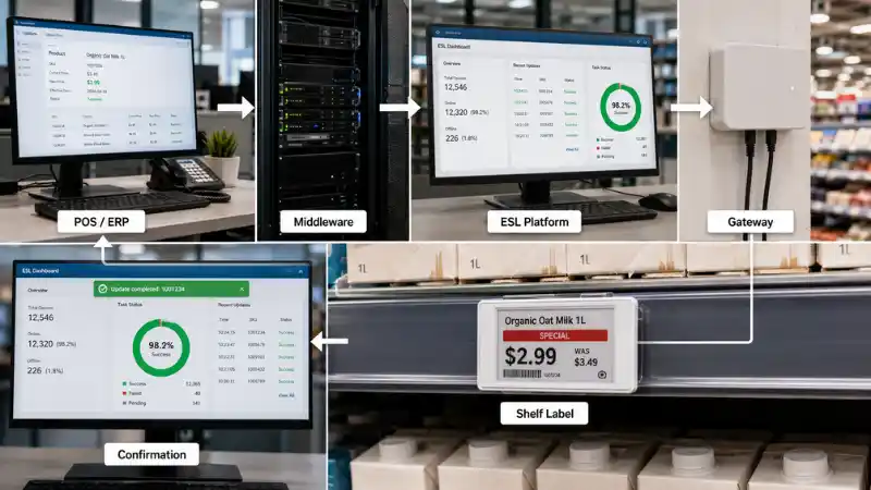 End-to-end electronic shelf label update flow from POS and ERP systems to the shelf display