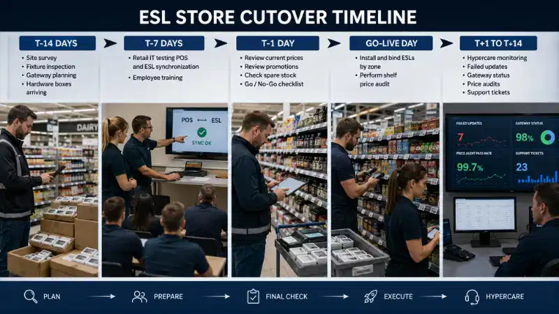 Electronic shelf label store cutover timeline from T-14 days through post-go-live hypercare